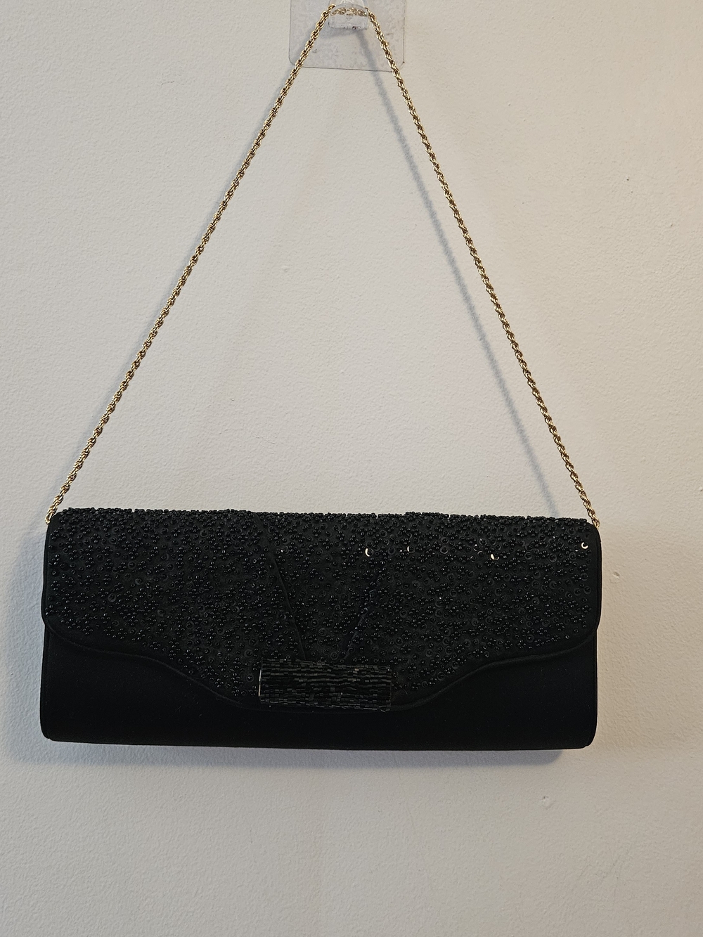 Kate Landry Black Beaded Clutch with Gold Chain